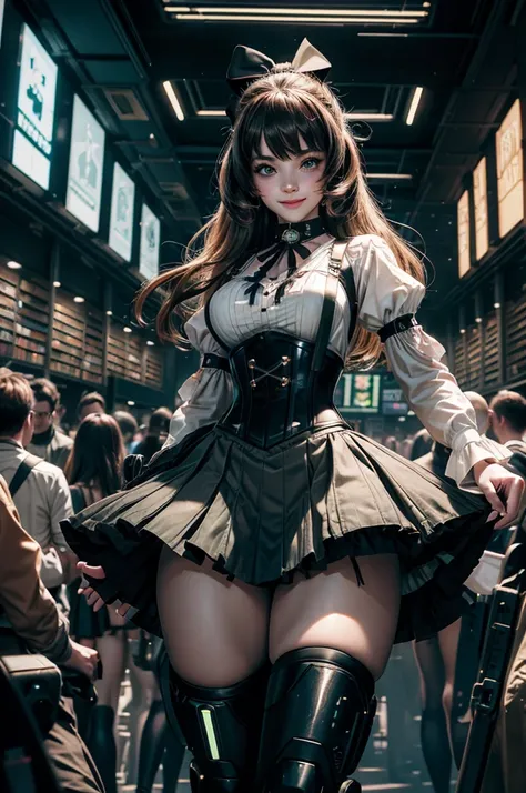 1girl, solo, cowboy shot,  smile,  underbust, Penny Polendina, long hair, neck ribbon, suspender skirt, corset, black bow, white blouse, mechanical legs, neon trim, indoors, sranding, dynamic pose, in cyberpunk library, crowd, (crowd wearing cyberpunk fash...