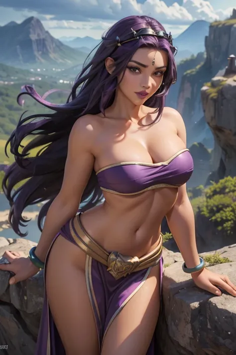 ((ultra quality)), ((masterpiece)), ((Purple-haired long hair)), (Beautiful face), (beautiful female lips), (Fantasy style, Fantasy environment), ((Sorceress)), (25 years old), charming, ((sexy facial expression)), looks at the camera, (dark skin color), (...