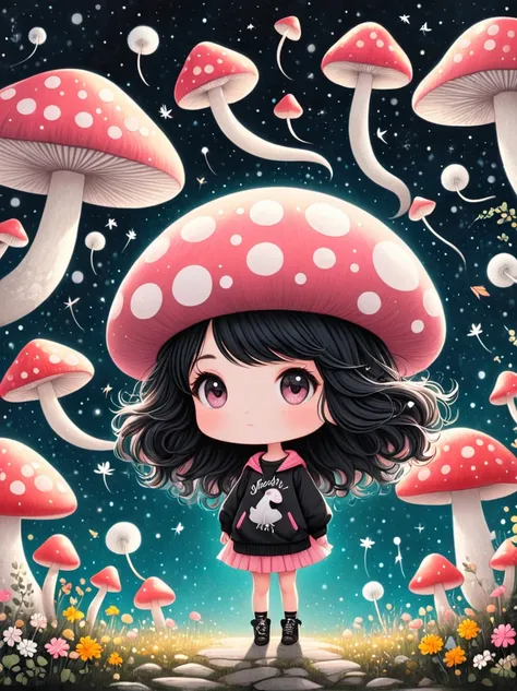 Cute cartoon boy, whole body,Mushroom floating, Pink and white color scheme, sharpie illustration, Thick lines, Grunge rock style beauty, Blending Mode, in the style of Amanda clark, Evgeni gordiets, illustration, 1 nhbm 1