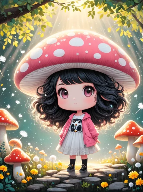 Cute cartoon boy, whole body,Mushroom floating, Pink and white color scheme, sharpie illustration, Thick lines, Grunge rock style beauty, Blending Mode, in the style of Amanda clark, Evgeni gordiets, illustration, 1 nhbm 1