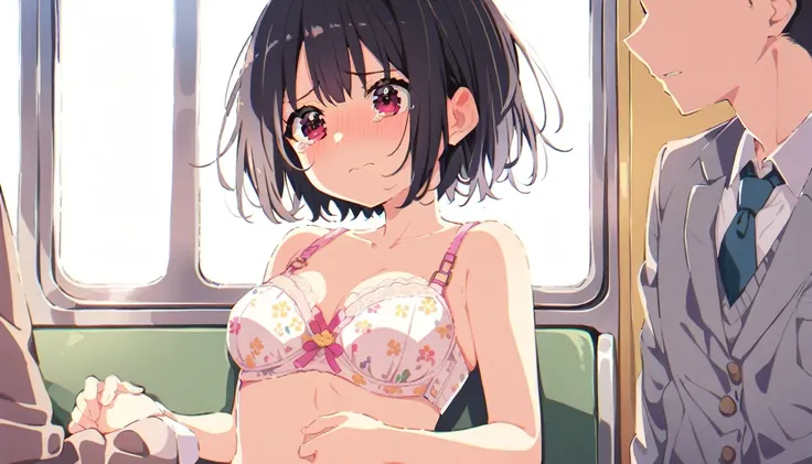 A girl with short black hair and small breasts wearing only a chick skirt and a floral bra on a train is crying in disgust as a molester rubs her breasts with both hands over her floral bra.