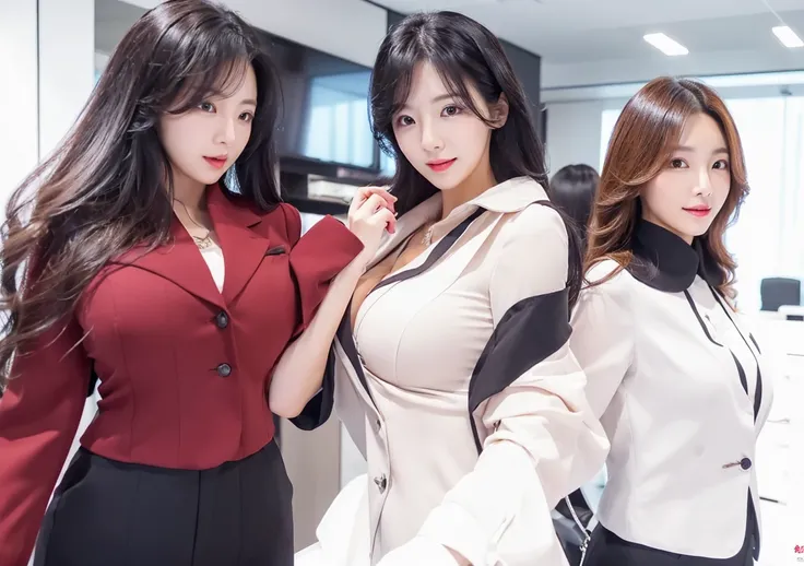 three woman standing next to each other(wearingOffice secretary clothes,Very large breasts, their hair become black hair, their face become beautiful korean face:1.2)