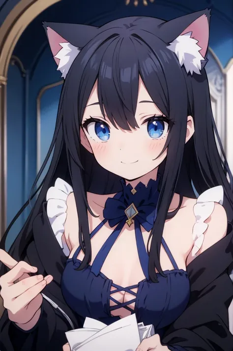 anime girl vtuber black hair blue eyes, in a blue room with gothic clothing cat ears smiling with a gothic boy