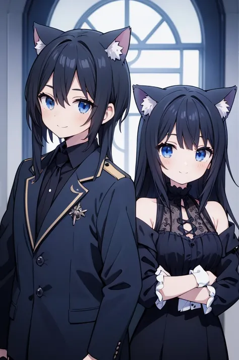 anime girl vtuber black hair blue eyes, in a blue room with gothic clothing cat ears smiling with a gothic boy