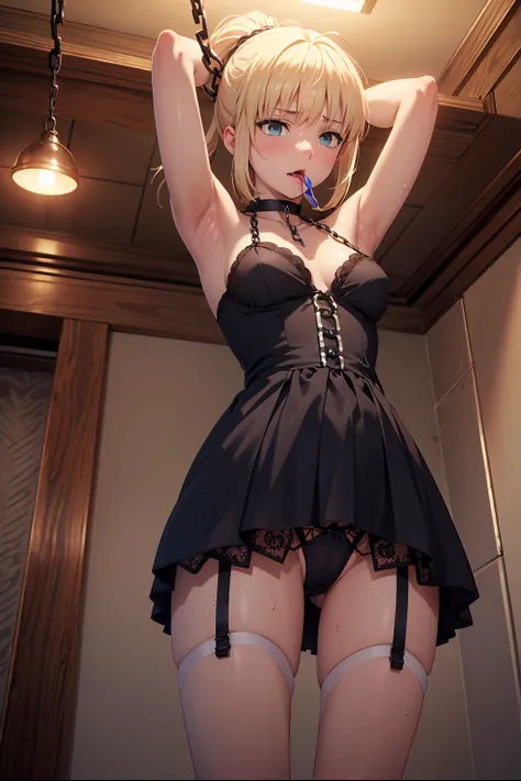 Excessive ,dsm, bondage, bound, shibari, Suppressed 　(Highest quality:1.5, High resolution, 超High resolution, 4K, Detailed lighting, Shaders), 　{{{woman}}++ 　{{{Pussy juice,}}++ prison,　(Artoria Pendragon), alone　short hair,ponytail　 Parody, Blue choker, h...