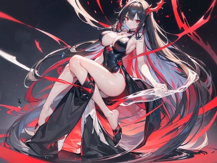 (Exquisite eyes),(Clear and beautiful eyes:1.61),masterpiece, 1 young girl,(Black clothes and some red gems), Black long hair, (She has a huge red gem on her chest), Good Hand,((The Havoc of StarCraft)),full-body shot,Fighting Stance,(Red Eyes:1.466)，short...