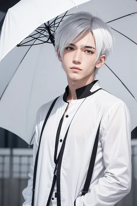 1 character, 2d masculino, anime style art, white clothes with black details, White hair, shorth hair, shorth hair feminino, muka feminino, muka , muka apático, white umbrella, stylish umbrella, simple art, Simple sketch, whole body