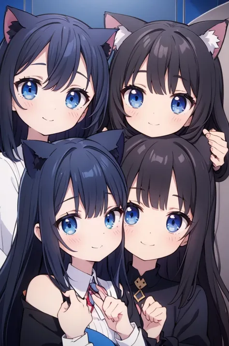 two vtuber anime girls black hair blue eyes, in a blue room with gothic clothing cat ears smiling 
