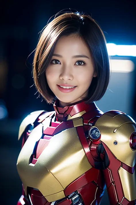 (a gorgeous lady, wearing the Iron Man MK 7 Suit, md mecha, natural pose under night sky, dimpled smile, short bob hair, cute snaggleooth, beautiful detailed eyes, damaged armour, photorealistic, hyper-realism, high contrast, ultra HD, realistic skin textu...