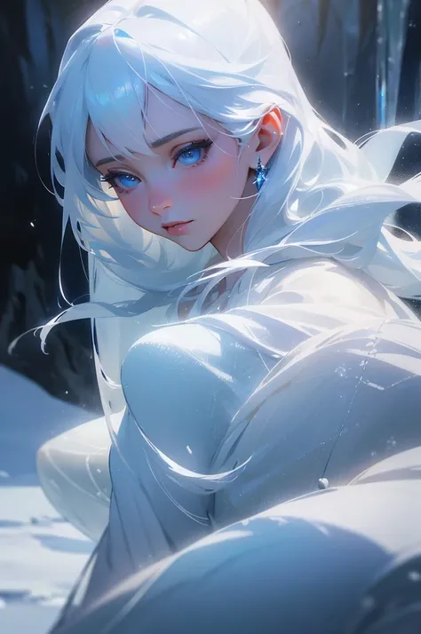 a beautiful young woman in a snowy cave, detailed portrait, icy blue eyes, pale skin, long white hair, elegant snow queen, wearing a flowing ice-like dress, ice crystals forming on her skin, cold mist surrounding her, frozen waterfall in the background, et...