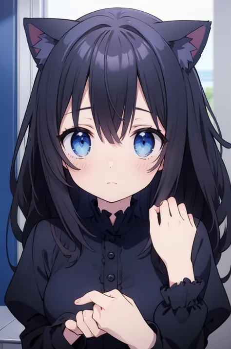 anime girl vtuber black hair blue eyes, in a blue room with gothic clothing annoying cat ears 
