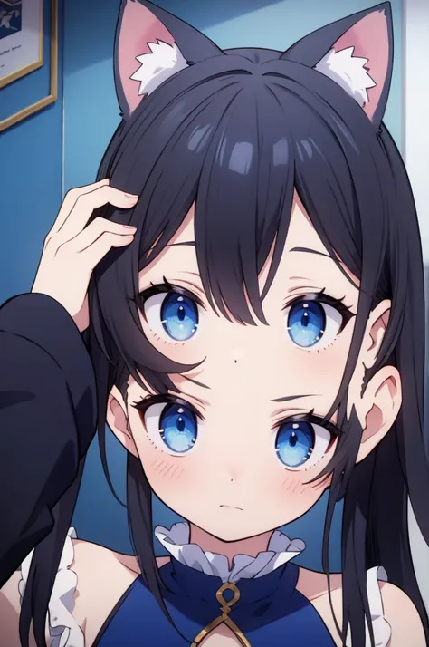 anime girl vtuber black hair blue eyes, in a blue room with gothic clothing annoying cat ears 
