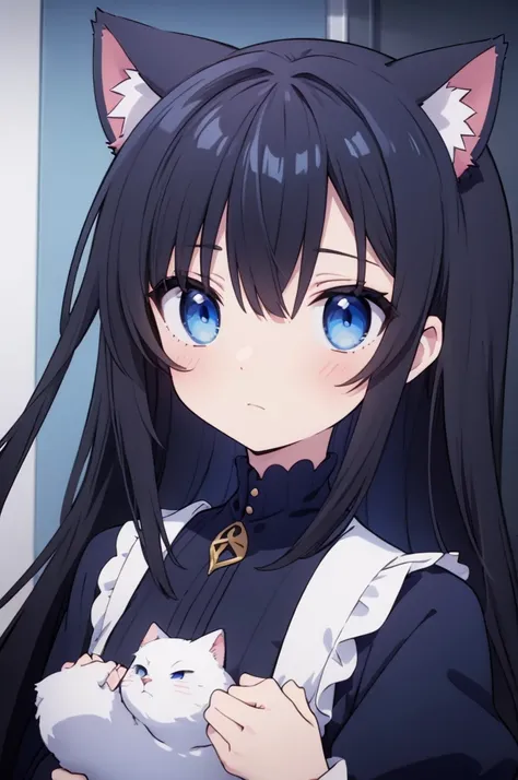 anime girl vtuber black hair blue eyes, in a blue room with gothic clothing annoying cat ears 
