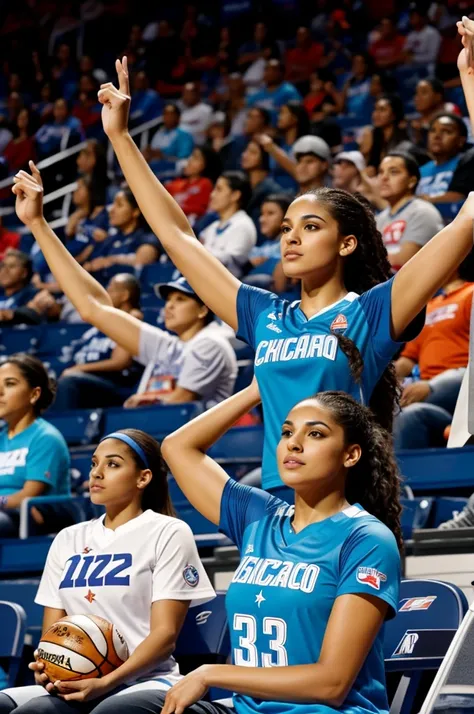 Beautiful Hispanic model in a wnba Chicago sky shirt in a full stadium cheering on her team
