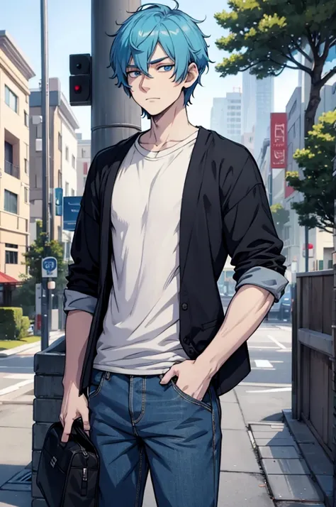 Pale skin, Short fluffy blue hair, Tired blue eyes with slight bags underneath, Slender build, animated, posing, male, Casual clothes, Introverted, hardworking, fatigued, contemplative, college student, ADULT MALE