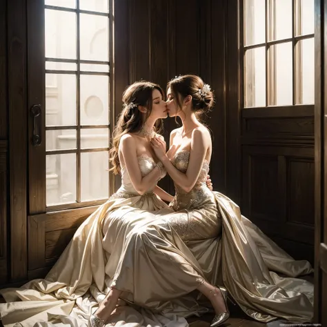 (masterpiece, highest quality, official art, beauty and aesthetic), two stunning bride is deeply in love with each other, kiss