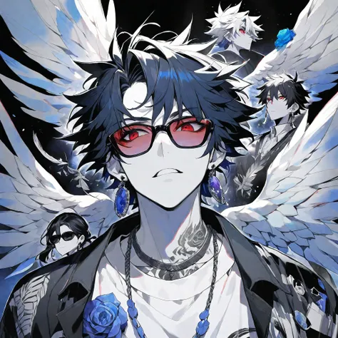 独奏,handsome, monochrome,watercolor,1 male, Ponytail, Braided black hair, red eyes, Gojo Satoru,Angel feather,Earrings,necklace
,casual,Blue Rose Tattoo,black Oversized court,Stylish,cool,Wear sunglasses around your neck,Void,look up,
blackbackground,İcon,D...