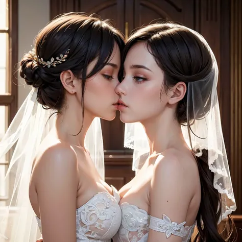 (masterpiece, highest quality, official art, beauty and aesthetic), two stunning bride is deeply in love with each other, kiss