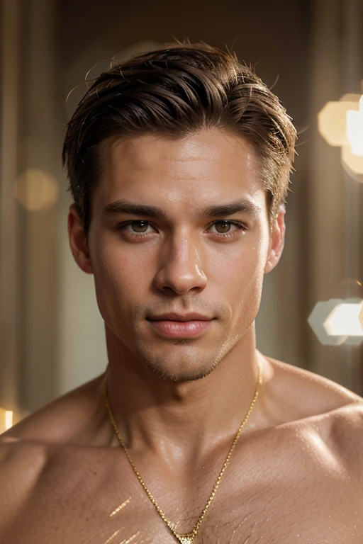 Quarter body photorealistic ultra realism high definition aesthetic stabilized diffusion picture of handsome hunky fractal clean shaven Drew Van Acker Prince of hexagon, in gold diamond transparent sparkling shiny crystal glass chrome filigree outfit,,look...