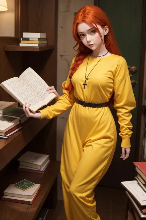 Little doll with red hair, green eyes showing her entire body standing up, yellow outfit with gray on her left hand, a rosary in her right hand, holding a book, for motivational phrases.
