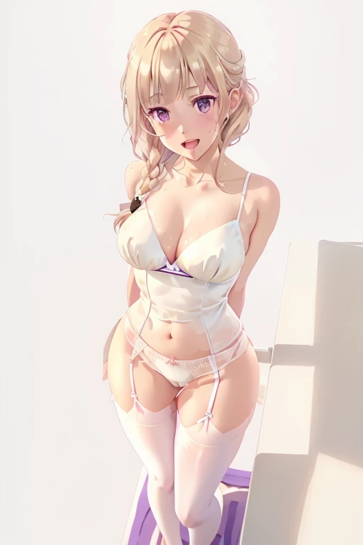 (from above:1.2),a girl , purple color hair、Purplish pink eyes that dreamers desire, (Blonde hair) , small stature, Colossal tits, Lori, (masutepiece:1.2, Best Quality), (finely detailed beautiful eye: 1.2), (beautifull detailed face), (perky chest:1.1), (...