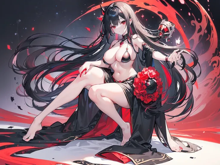 (Exquisite eyes),(Clear and beautiful eyes:1.61),masterpiece, 1 young girl,(Black clothes and some red gems), Black long hair, (She has a huge red gem on her chest), Good Hand,((The Havoc of StarCraft)),full-body shot,Fighting Stance,(Red Eyes:1.466)，short...