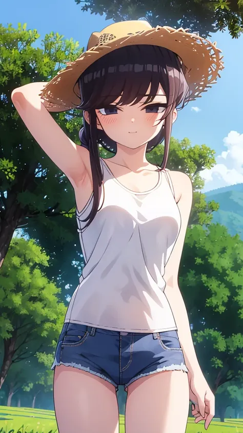 True Face　stand　alone　afternoon　bright　from the front　straight　low length　Cowboy Shot　Place your arms behind your head　countryside　Beautiful scenery　Straw hat　Show me your armpit hair　Beauty　blush　Tank top　Shorts　Summer evening　Paddy field　Put your hands b...