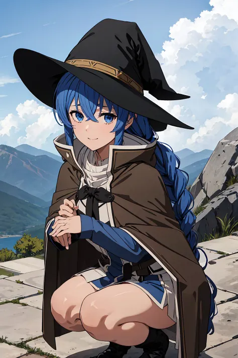 One Girl, Roxy Migurdia, witch Hat, blue eyes, Blue Hair, Twin Blade, Twin tails, (Brown coat:1.1), Cape, Robe, Braided Ponytail, Knee Boots, witch, Holding, , Black socks, ヘアribbon, ribbon, View your viewers, socks, smile, Mouth closed, plein air, sun,, (...