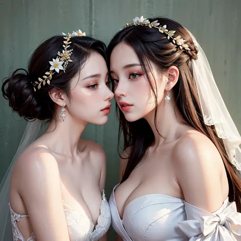 (masterpiece, highest quality, official art, beauty and aesthetic), two stunning bride is deeply in love with each other, kiss