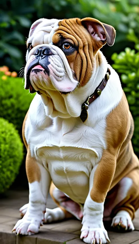 There is no one, realistic photo, photo realism, realism, bulldog (Bulldog), perfect composition, intricate details, Very sharp, masterpiece, profile, high resolution, looking at the viewer, Full body photo in garden background