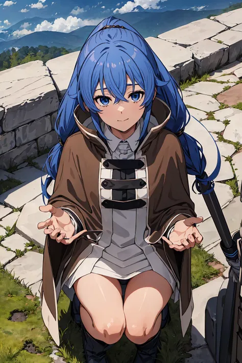 (Highest quality:1.5, High resolution, 超High resolution, 4K, Detailed lighting, Shaders)One Girl, Roxy Migurdia, witch Hat, blue eyes, Blue Hair, Twin Blade, Twin tails, (Brown coat:1.1), Cape, Robe, Braided Ponytail, Knee Boots, witch, Holding, , Black so...