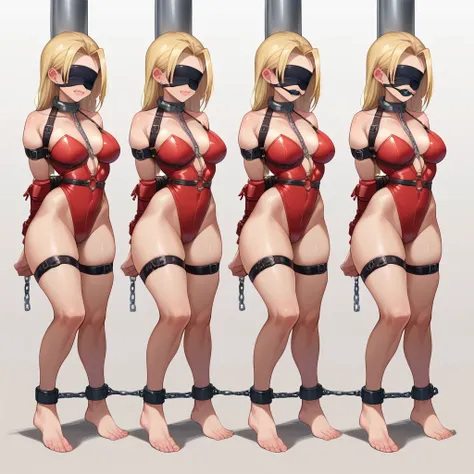 (masterpiece, best quality), intricate details, 1sologirl Cammy White from Street Fighter (standing full body toe to head by wooden pole:1.2) iron collar, arms behind back, iron cuffs, shackles, bound, bondage outfit, harness, o-ring, bondage outfit blindf...