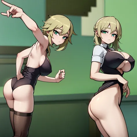 a girl in super sexy lingerie, showing her tits, with a huge ass, doing aegao, with a green background