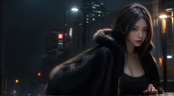 masterpiece，quality，Best quality at best，Official Art，（Beauty and aesthetics：1.2），（masterpiece：1.3），The city of the future，Cyberpunk Characters，A girl，Fur coat，No underwear，Sexy body，Looking at the camera，（Close-up cleavage：1.8），Volumetric Fog，snow，snow，dr...