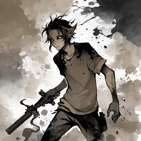 Zombie with brown-tan brown and black color palette with background in ink and wash art style