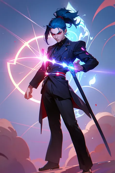 Man with black hair tied in a ponytail with light blue hair tips, spiral red eyes, a serious stance, with a coat of bright blue chakra energy covering his entire body as if it were a suit, black high neck long sleeve blouse, a pair of black pants, black sa...