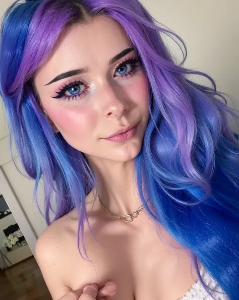 Closeup of a woman with blue and purple hair, Amouranto, better known as amouranto, Beautiful blue hair girl, Beautiful Dolphin, She has pale blue skin!!!, Pretty girl with blue hair, pale skin and purple eyes, Arcane Hex, blue and violet, Sky blue straigh...