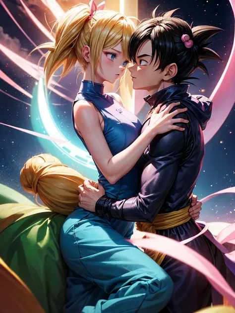 A couple of friends hugging in an emotional farewell atmosphere, next to a spaceship. The boy is tall and adult, with black hair and black eyes, wearing a Dragon Ball Z style battle suit. The girl has blonde hair, blue eyes, and has two pigtails falling ov...