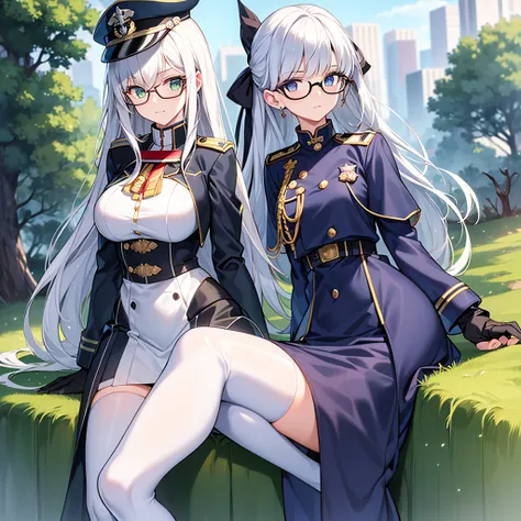 masterpiece, best quality, beautiful girl, white hair, green eyes color, dark blue military uniform, mature_female, eye_glasses, white gloves, anime, dark blue military hat, very_long_hair, perfect body, red ribbon, commander, science_fiction, black knee-h...