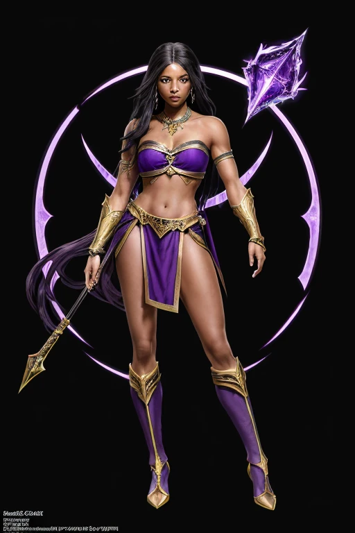 Video Game character, Sorceress, 25 years old, dark skin, dark skinned female, long purple hair, purple eyes, purple lips, purple eyeliner, covered in tattoos, (Wearing: strapless top, loincloth, golden bracelets1.2). Whole body, Casual pose, Beautiful pos...