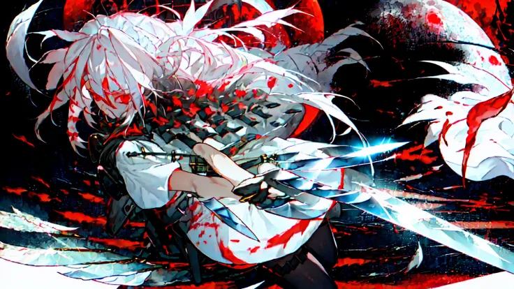 1girl with long white hair, red eyes, with knife in hand, behinde her blood moon, white dress in stockings