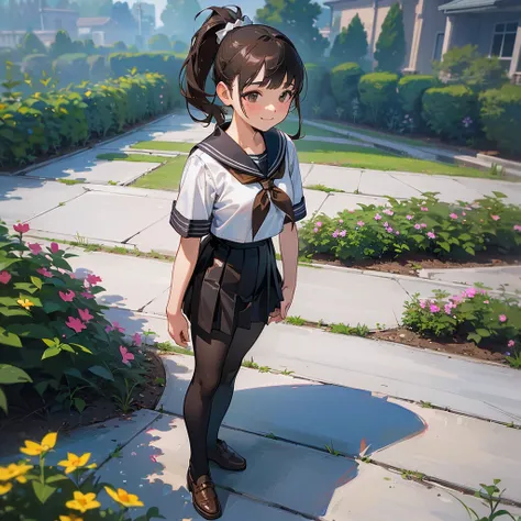 (Highest quality, High resolution, Very detailed, Realistic:1.37), Peaceful atmosphere, (Outdoor, garden), Teenage girl standing alone, Beautiful and detailed features, Cute Smile, ((Black ponytail)),Short-sleeved sailor uniform, Pleated skirt,Black tights...