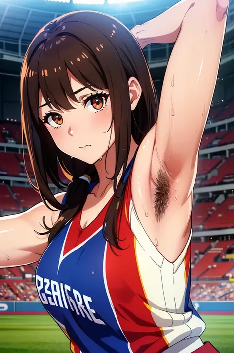 1 female、(so beautiful)、(beautiful face:1.5)、22 years old、professional baseball team cheerleading、hairy armpit hair、(armpit hair...