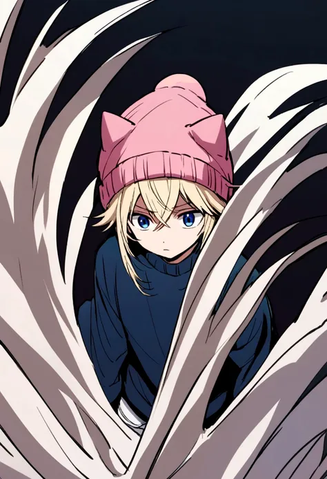 anime boy with split fuffy hair half blonde half black blue sweater and baggy white jeans wearing a pink beanie with cat ears