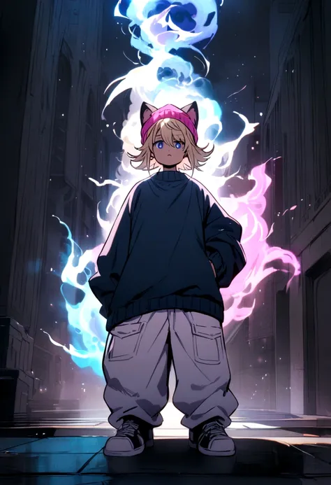 anime boy with split fuffy hair half blonde half black blue sweater and baggy white jeans wearing a pink beanie with cat ears