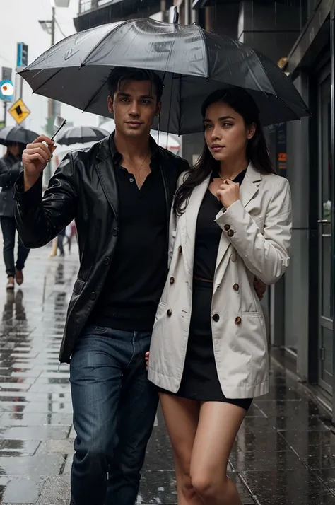 A dashing guy holding an umbrella and a girl getting caught in the rain 