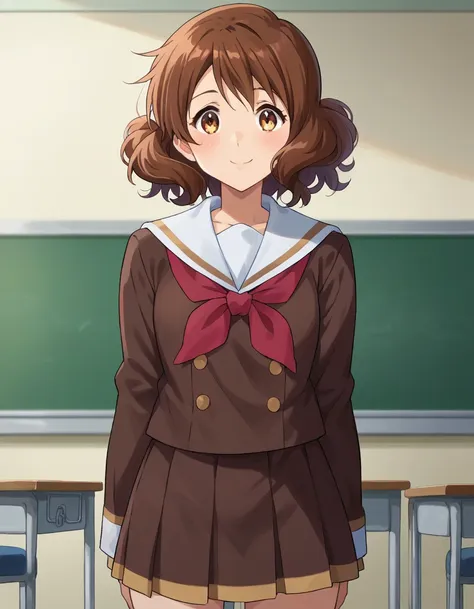 highest quality, high resolution, masterpiece, (beautiful eyes), (fine grain), detailed face, kumiko oumae, brown eyes, brown ha...