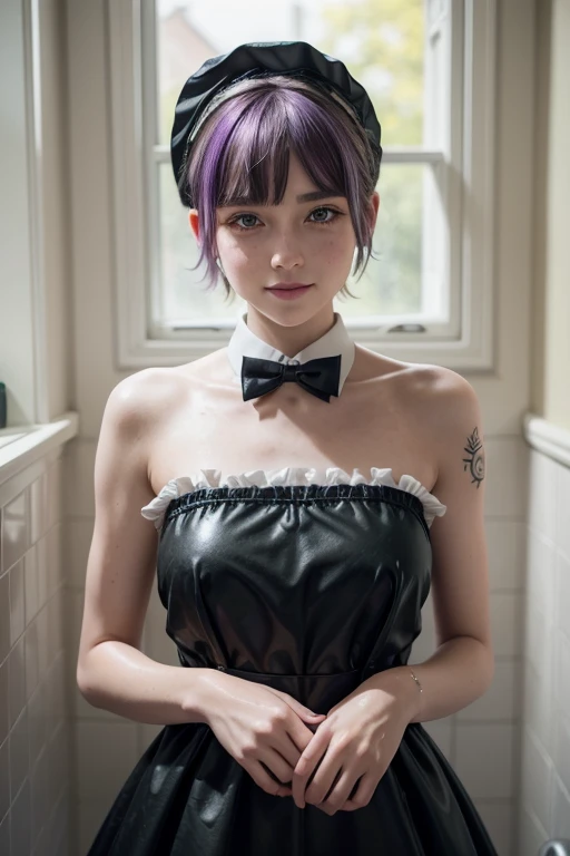 1 white tomboy european girl dressed as a maid, short Butterfly Cut hair, purple hair, messy hair, big eyelashes, shy smile, full body photo, perfect green eyes, 8k photo, tattoos, slim body, realistic,, arm full of tattoos, high details, cute face, teen g...