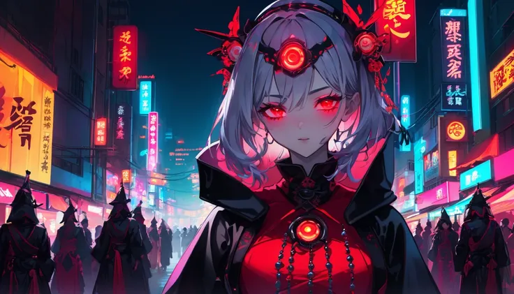 a girl dressed as a courtesan, teenager, one person, upper body, cyberpunk, red eyes, glowing eyes, neon street, courtesan proce...