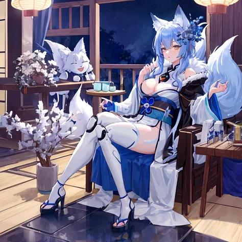 fox Light blue hair 　beast girl　indigo fur　fox beast girl　fox Light blue hair 　beast girl　indigo fur　fox beast girl　Wallpaper 4k,8k,highly detailled,,vivid colors,detailed kitsune with 9 tails,traditional Japanese artwork,tatami floor,beautiful cherry blos...